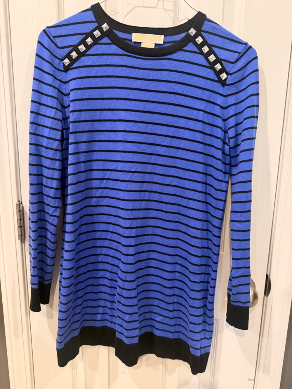 Michael Kors Blue and Black Striped Knit dress with Stud Accents